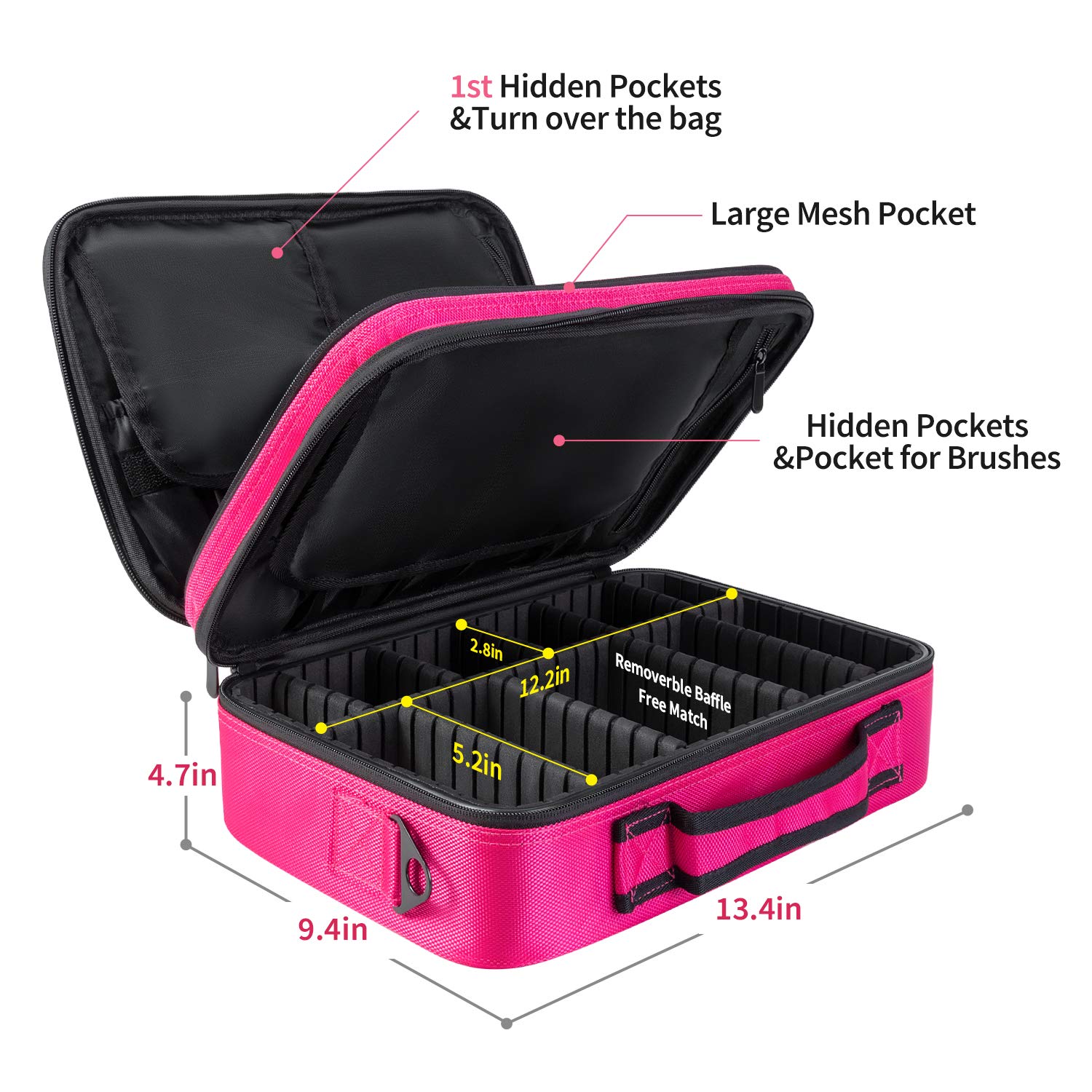 Makeup Train Case 6 Layer Waterproof Large Capacity Travel Cosmetic Case with Shoulder Strap, Portable Makeup Box Storage Organizer with Removable Dividers for Brushes Accessories Daily Use : Beauty
