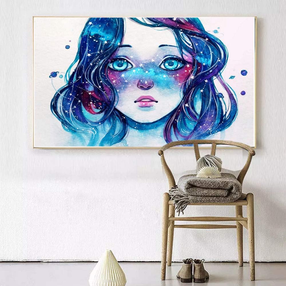 tzxdbh Artwork Painting Starred Freckles Watercolor Blue Hair Girl Pictures Canvas Printed paintings Abstract Wall Art Posters-in Painting & Calligraphy from Home & Garden Group 24x36cm With frame