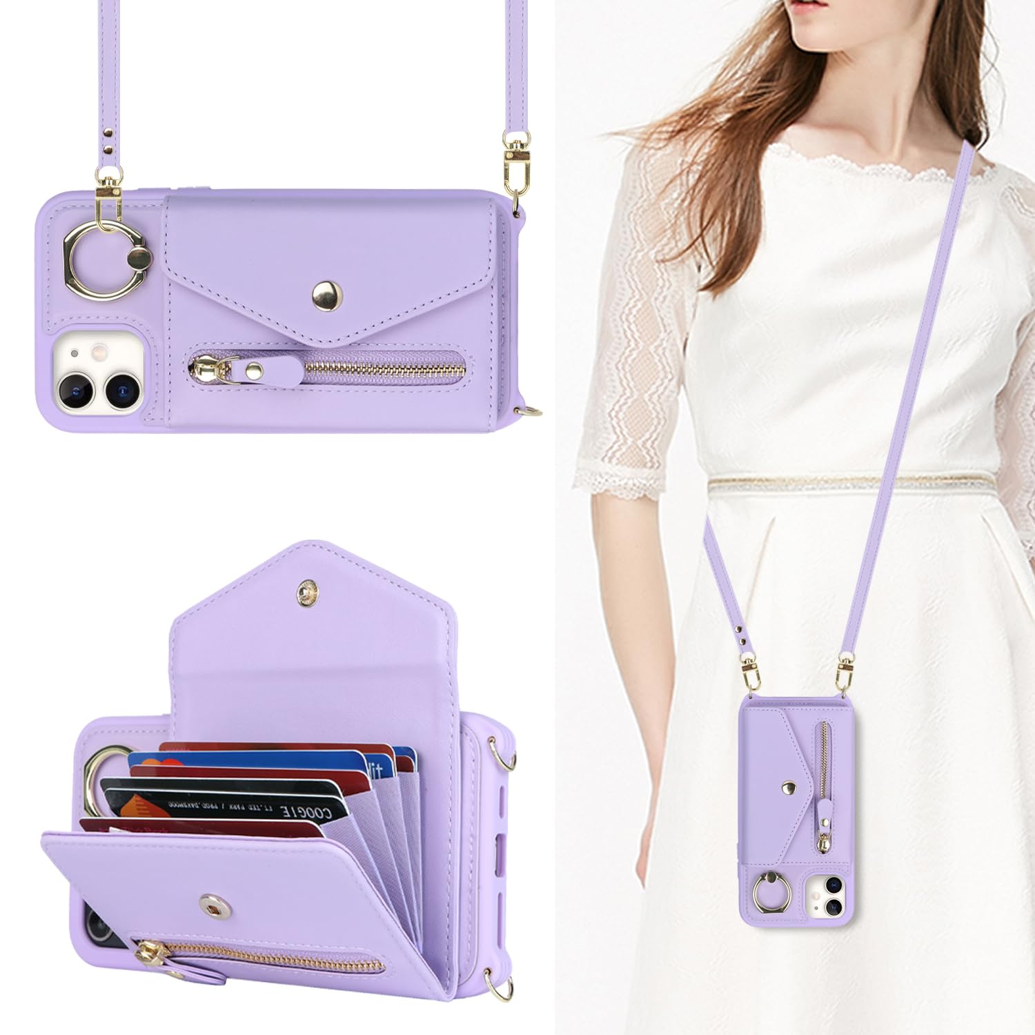 SailorTech iPhone 12/12 Pro Case with Zipper Credit Card Holder for Women, iPhone 12 Phone Leather Case Ring Stand with Card Slots Kickstand Wallet Crossbody for iPhone 12 Pro - Purple