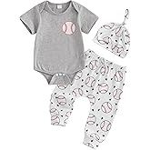 Lamuusaa Newborn Baby Boy Baseball Outfit Short Sleeve Baseball Romper Onesie Long Pants Hat 3Pcs Summer Clothes 0-18M