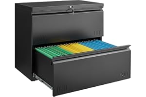 Guizeeopo Metal File Cabinet with Lock, 2 Drawer Lateral File Cabinets for Home Office, Printer Stand, Heavy Duty Office Storage Cabinet for A4/Letter/Legal Size, Assembly Required(Black)