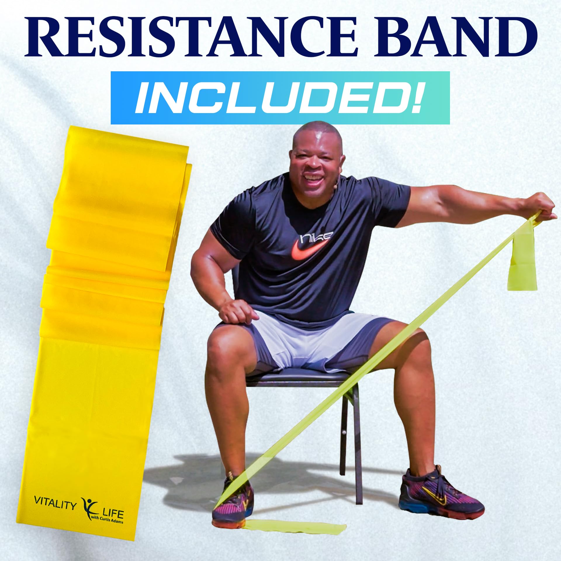 Chair Exercises for Seniors DVD + Band. Fun seated exercise videos. Chair workouts for seniors DVD. Chair aerobics for seniors DVD. Resistance bands DVD workout Videos for women, men, beginners.