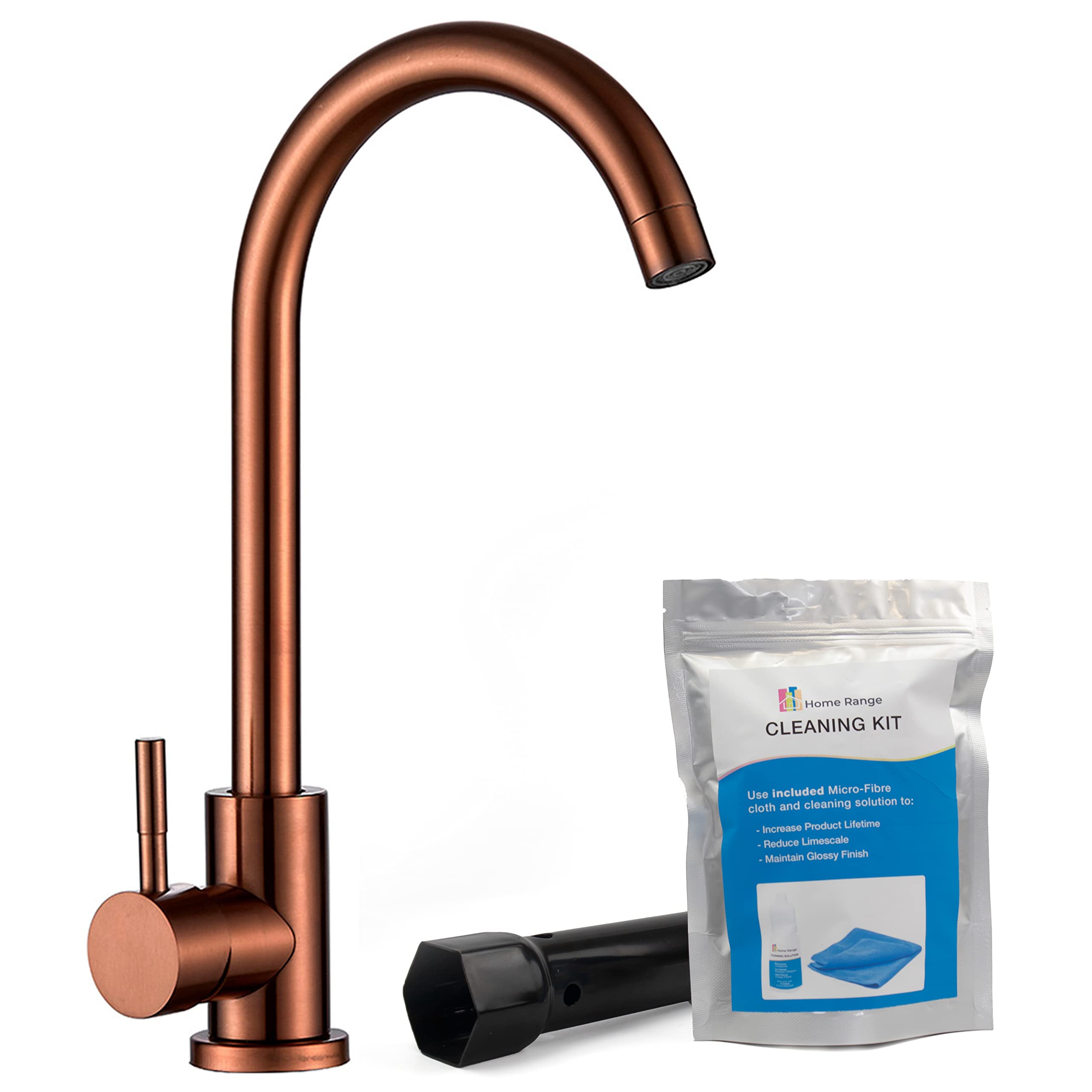 Home Range™ Brushed Rose Gold Kitchen Sink Mixer Tap | Comes with Cleaning and Fitting Kit | Luxurious 304 Stainless Steel Swivel Neck Single Lever Mono-bloc Tap | 5 Years Warranty