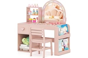 Costzon Kids Vanity, Girls Vanity Set with Lighted Mirror, Bookshelf, Drawer, Storage Cabinet & Shelves, Toddler Makeup Vanity Desk Dressing Table, Wooden Kids Vanity Table and Chair Set (Pink)