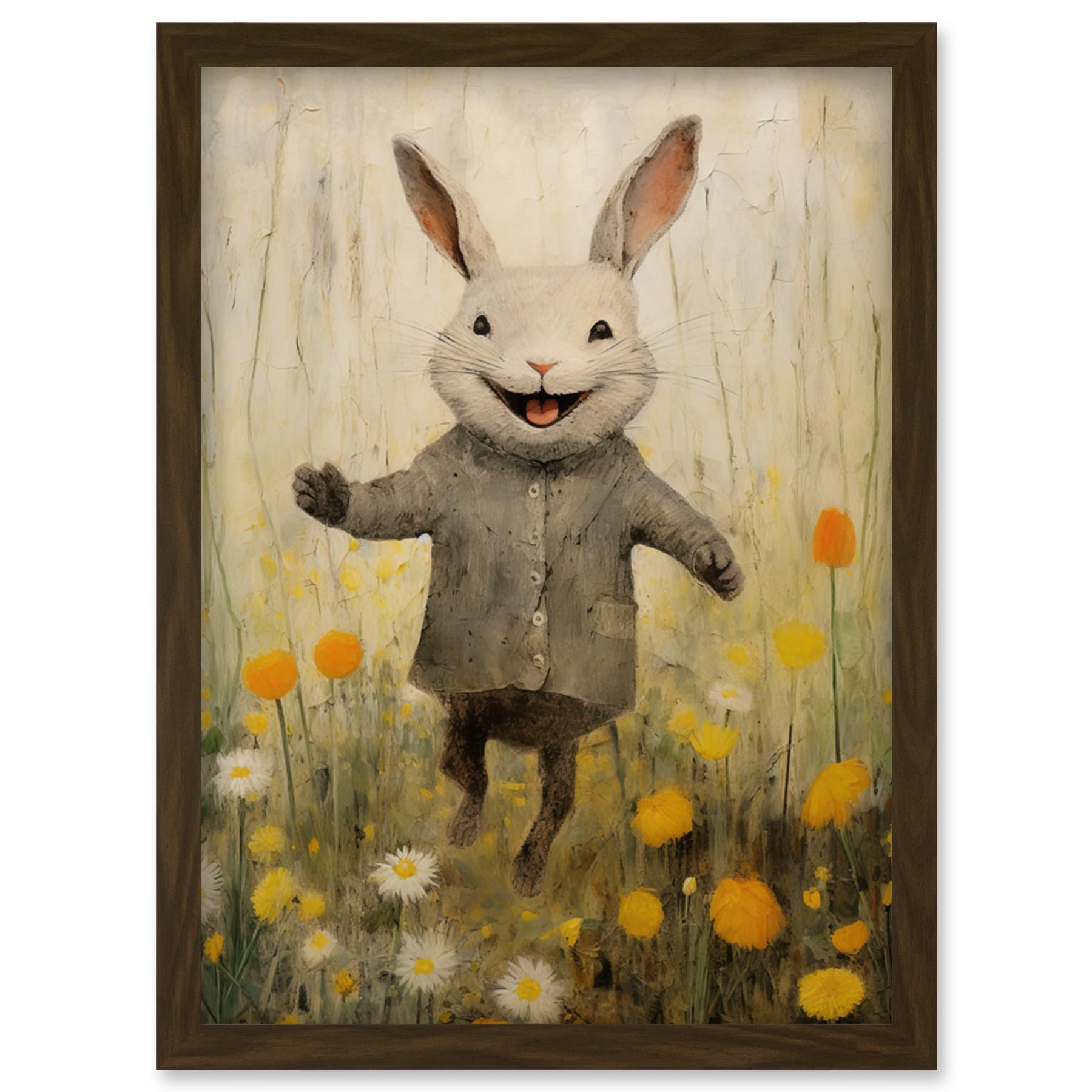 Artery8 Raincoat Rabbit Happy Bunny Flower Meadow Kids Girls Bedroom Nursery Artwork Framed Wall Art Print A4