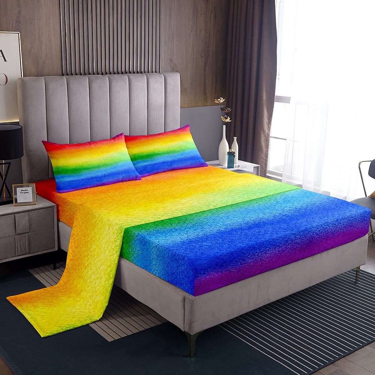 Loussiesd King Sheet Set For Kids Girls Rainbow Stripe Bright Watercolor Soft Kids Bedding Set, 1 Flat Sheet,1 Deep Pocket Fitted Sheet, and 2 Pillow Case, Breathable, Teens Children