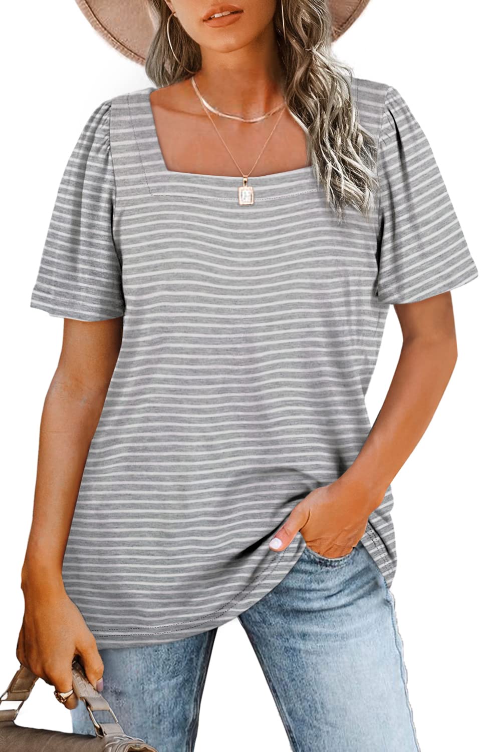 WIHOLL Womens Short Sleeve Tops Square Neck Tops