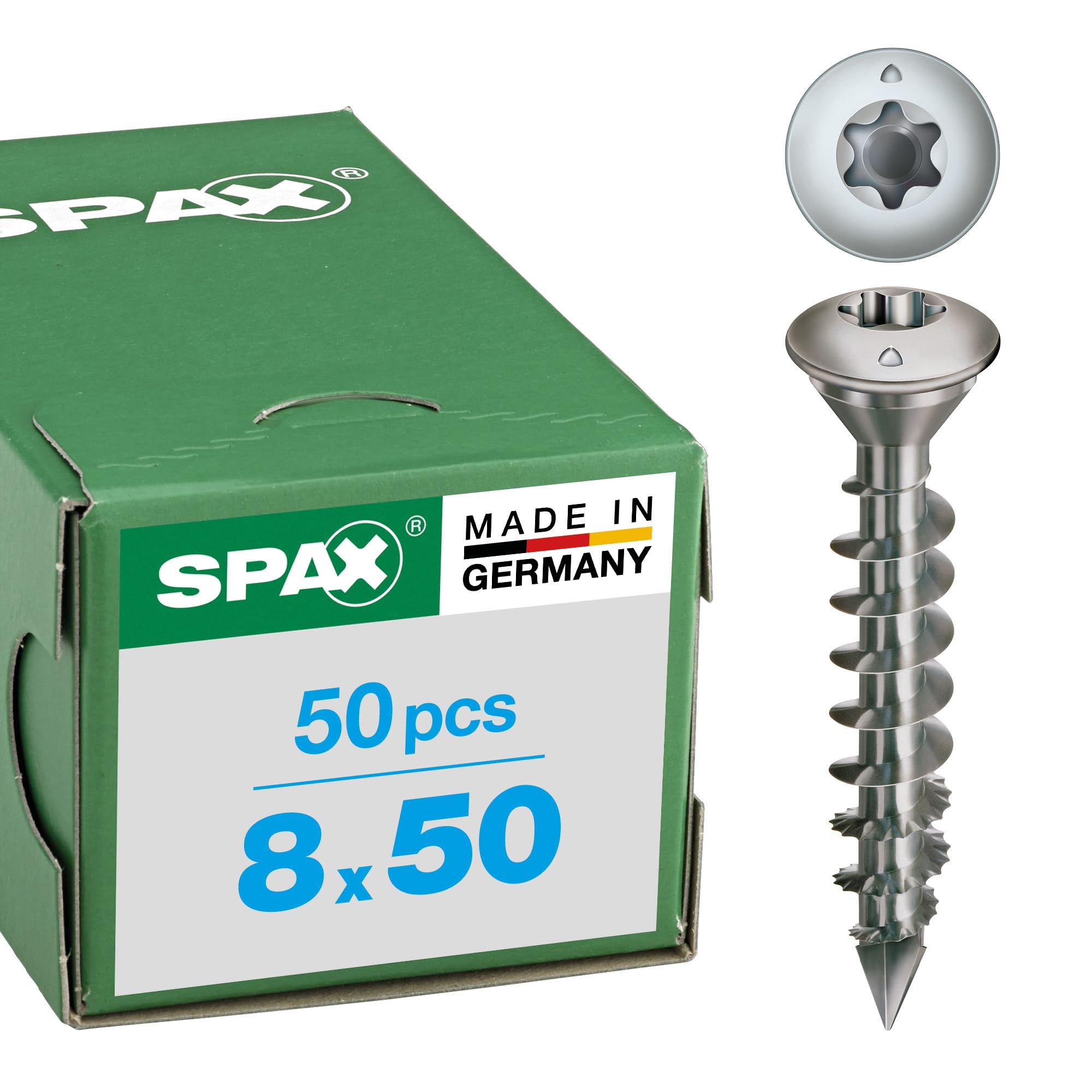 SPAX 35708000601001 Post Screw, Centring Head, T-Star Plus, Cut, Full Thread, Stainless Steel A1, 1.4016, (8.0 X 50 mm, 50 Pieces)