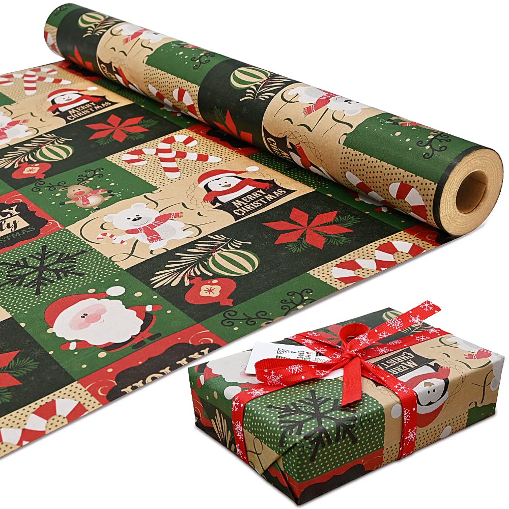 DOJoykey 43cm x 15M Roll Package Christmas Wrapping Paper, Kraft Paper Printed with Christmas Pattern Recyclable Wrapping Paper for Xmas Party Gift Wrap