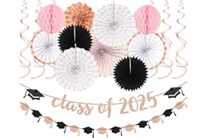 Rose-Gold Pink White Black Graduation Party-Decorations - 18pcs Kit Class of 2025 Streamers, Congratulations Grad Banner Garland Supplies,Paper Tissue Pom Poms Fan,Honeycomb Lanterns Panduola
