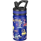 Fanhaw 14 Oz Kids Insulated Water Bottle with Straw - Stainless Steel Double Wall Vacuum Cup, Leakproof, BPA Free, Suitable for Boys and Girls(Blue - Under Construction)