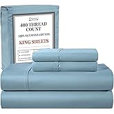 100% Cotton Sheets For King Size Bed, Certified 400 Tc Deep Pocket King Sheet Set, Elasticated Sheet & Pillowcase Sets, No Pill & Shrink, Soft & Comfy Naturally Cool & Breathable- French Blue