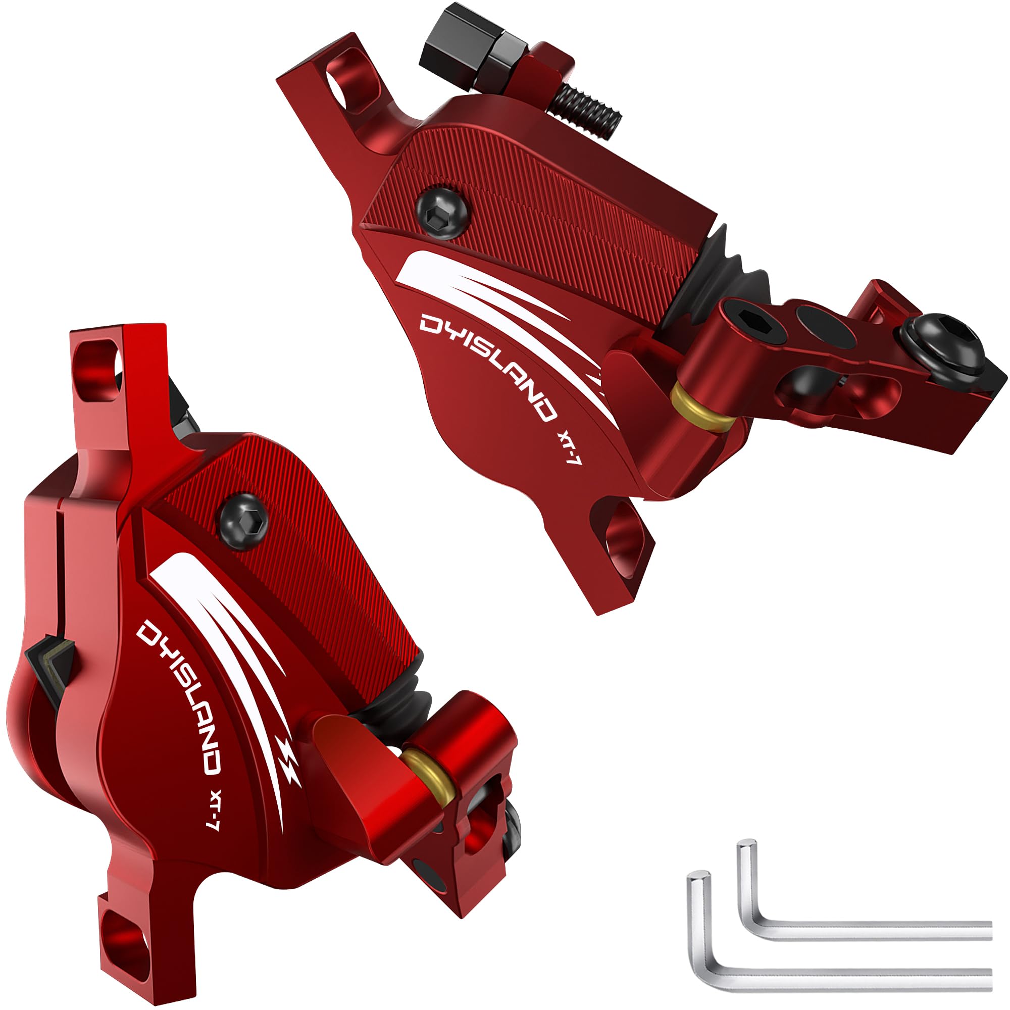 Photo 1 of DYISLAND XT-7 Hydraulic Disc Brakes Calipers,Line Pulling/Cable Actuated Front & Rear Brake Calipers for MTB/Mountain/Road Bike/E-Bike.(Red-Brakes)