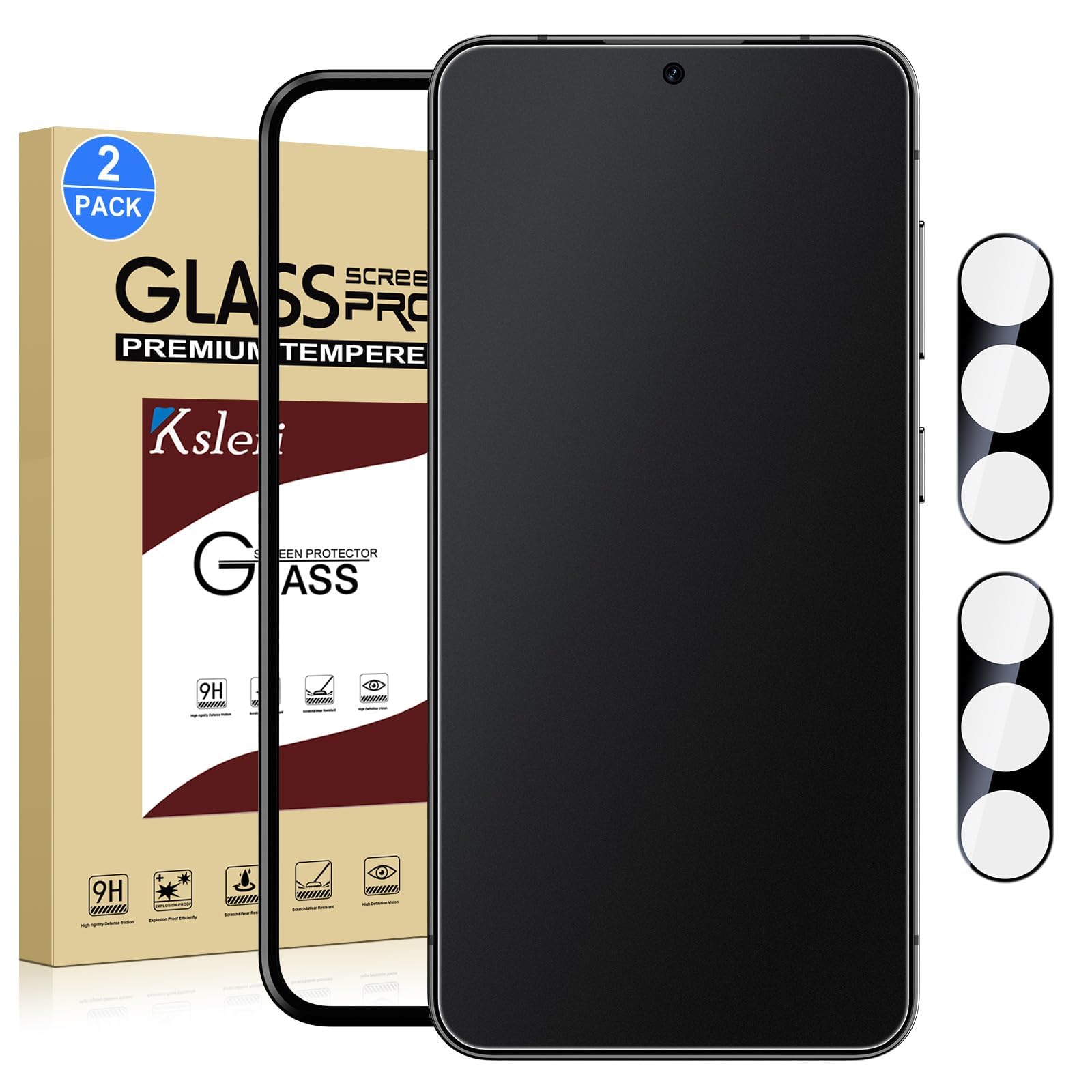 Ksleri 2 Pack Matte Glass Screen Protector for Samsung Galaxy S24 [6.2 Inch] + 2 Pack Camera Lens Protector with Installation Frame, Fingerprint Unlock Compatible, Anti-Glare, 0.2mm Tempered Glass