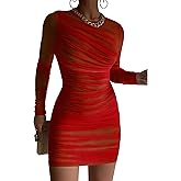 GOKATOSAU Women's Sexy Round Neck Mesh Long Sleeve Full Ruched Bodycon Mini Dress