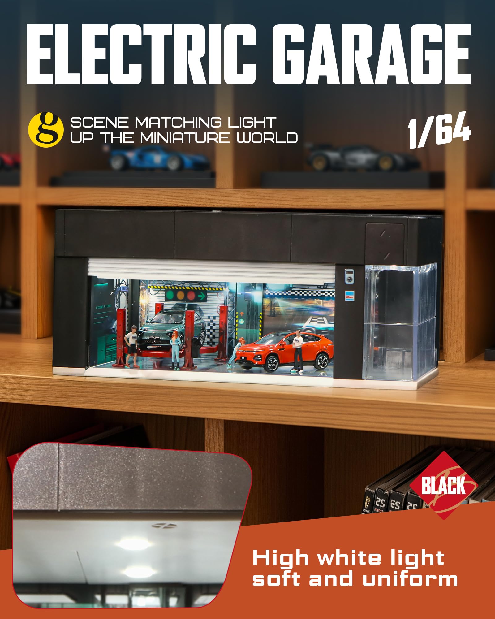 1/64 Scale Diecast Display Case for Hot Wheel Storage with LED Lights, Stackable Electric Garage with Voice Control, 3 Replaceable 3D Scenes Parking Lot Diorama for Model Cars (Black)