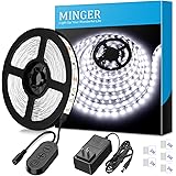 Dimmable LED Strip Lights, MINGER White Strip Light LED Mirror Lights Kit for Vanity Makeup Dressing Table 6000K Bright White Daylight, 300 LEDs, 16.4FT Under Cabinet Lighting Strips for Kitchen