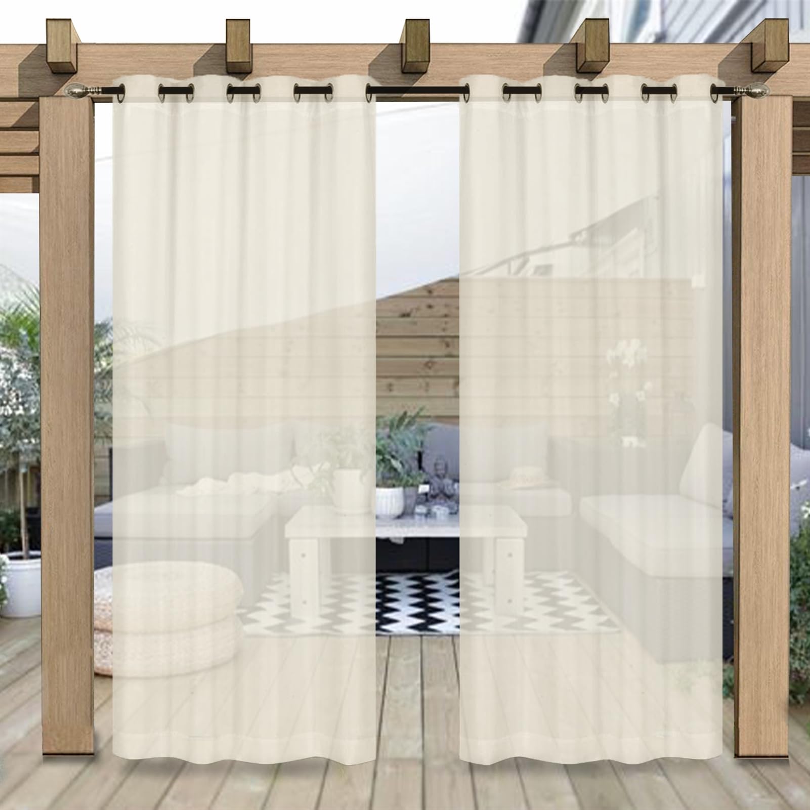 Heavyoff Outdoor Curtain for Patio, Beige Linen Look Semi-Sheer Curtains Waterproof Light Filtering Voile Outside Grommet Drapes for Pergola Balcony Pool Indoor 2 Panels, W52 x L96