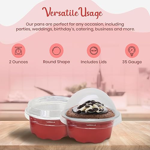 KitchenDance Aluminum Mini Foil Cups 2oz - Colored with Snap-on Lids -  Sturdy Baking Cups for Individual Desserts, Sauce, Mini Crme Brlee & Flan - Disposable  Aluminum - A3 (2000, Red) in