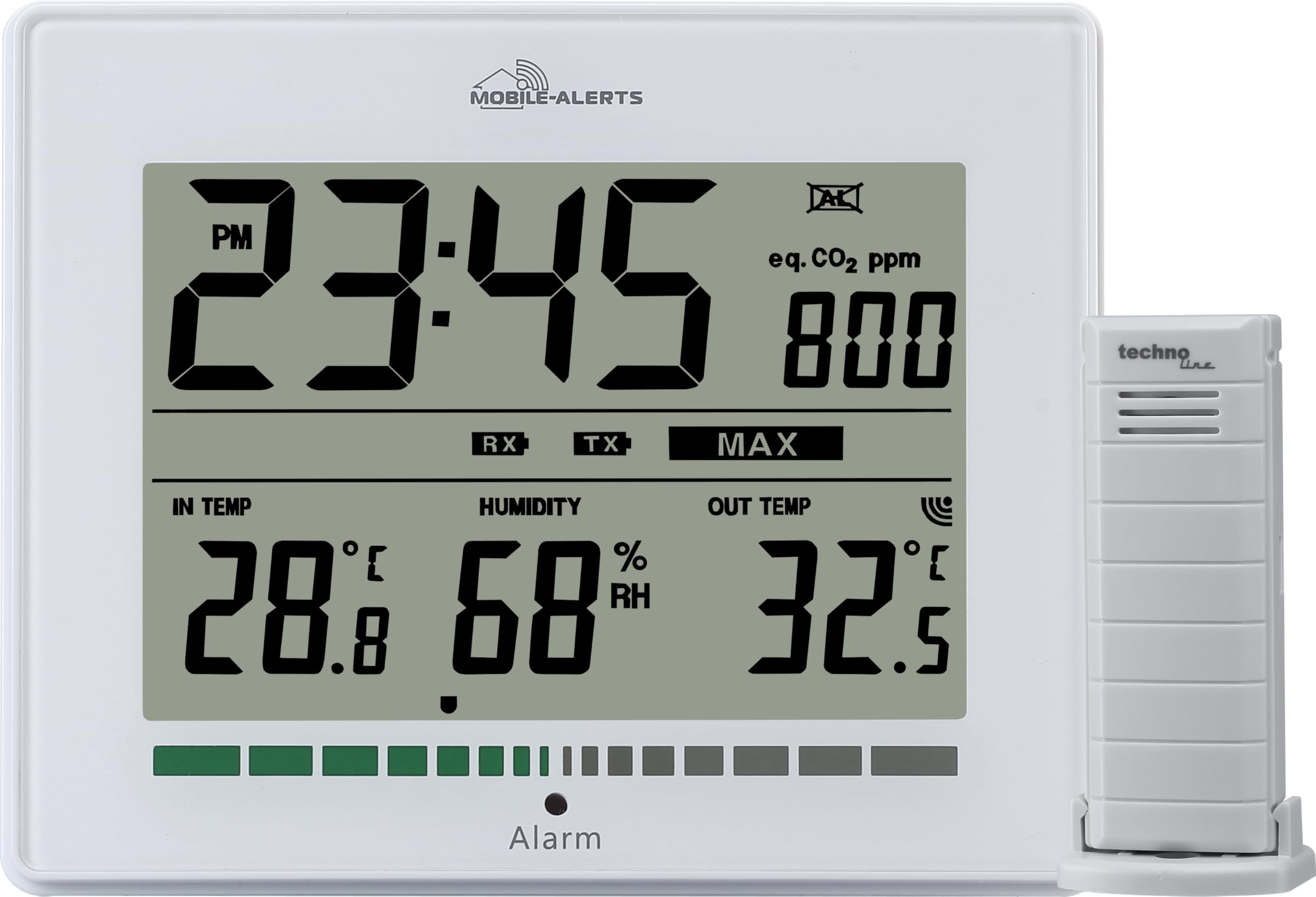 Technoline MA10402 Air Quality Monitor, Measures Air Quality, Alarm via LED for Poor PPM Value = Ventilation Recommendation, Temperature Display, Humidity Display, Mobile Alerts - Connection