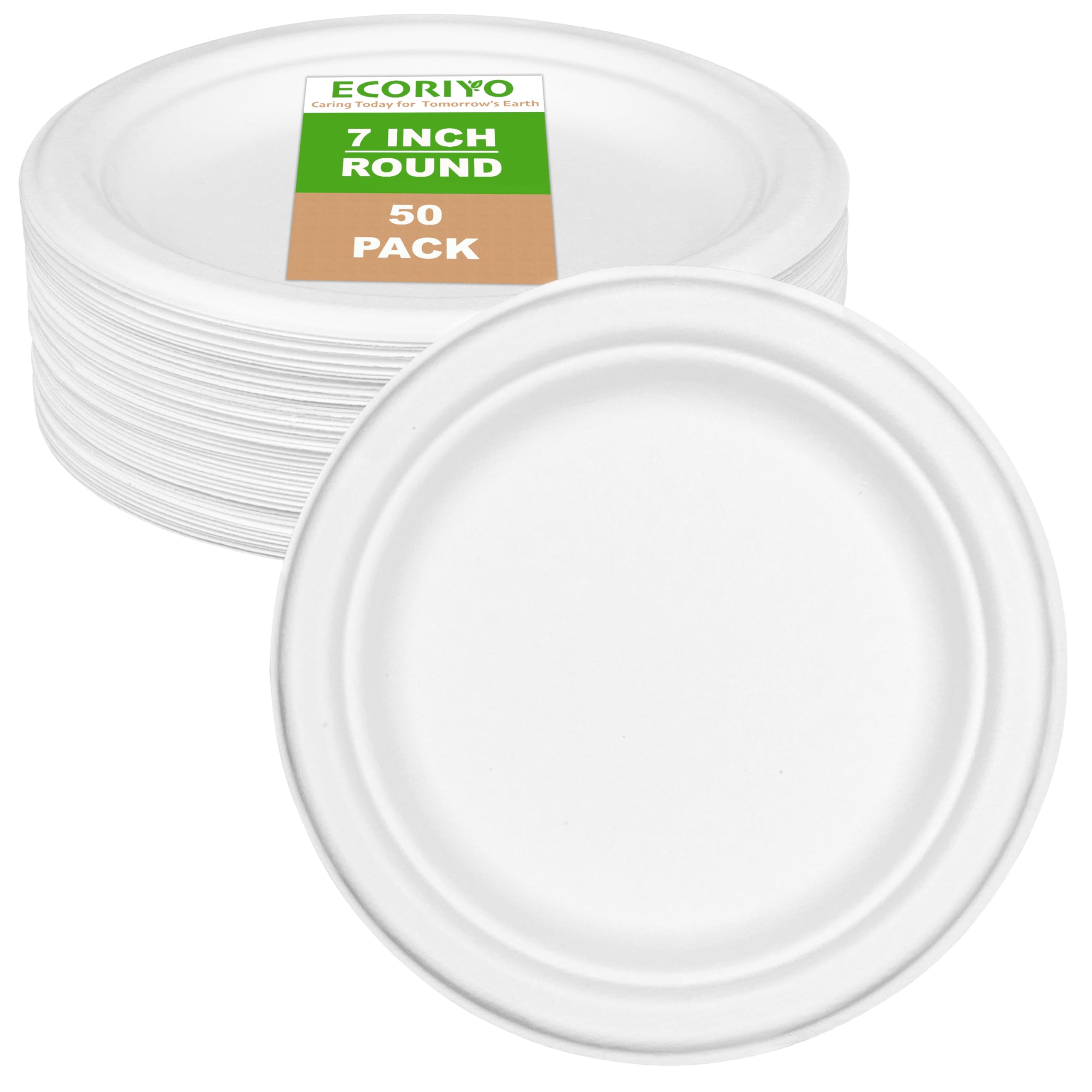ECORIYO 7-Inch Round Disposable Plates Bagasse Sugarcane Plates - 50-Pack of Biodegradable Plates, Eco Friendly Disposable Tableware from Sugarcane - Freezer-Safe & Microwave-Safe Party Plates - White