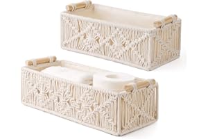 Mkono Macrame Storage Baskets Boho Decor Box Handmade Woven Decorative Countertop Toilet Tank Shelf Cabinet Organizer for Bed