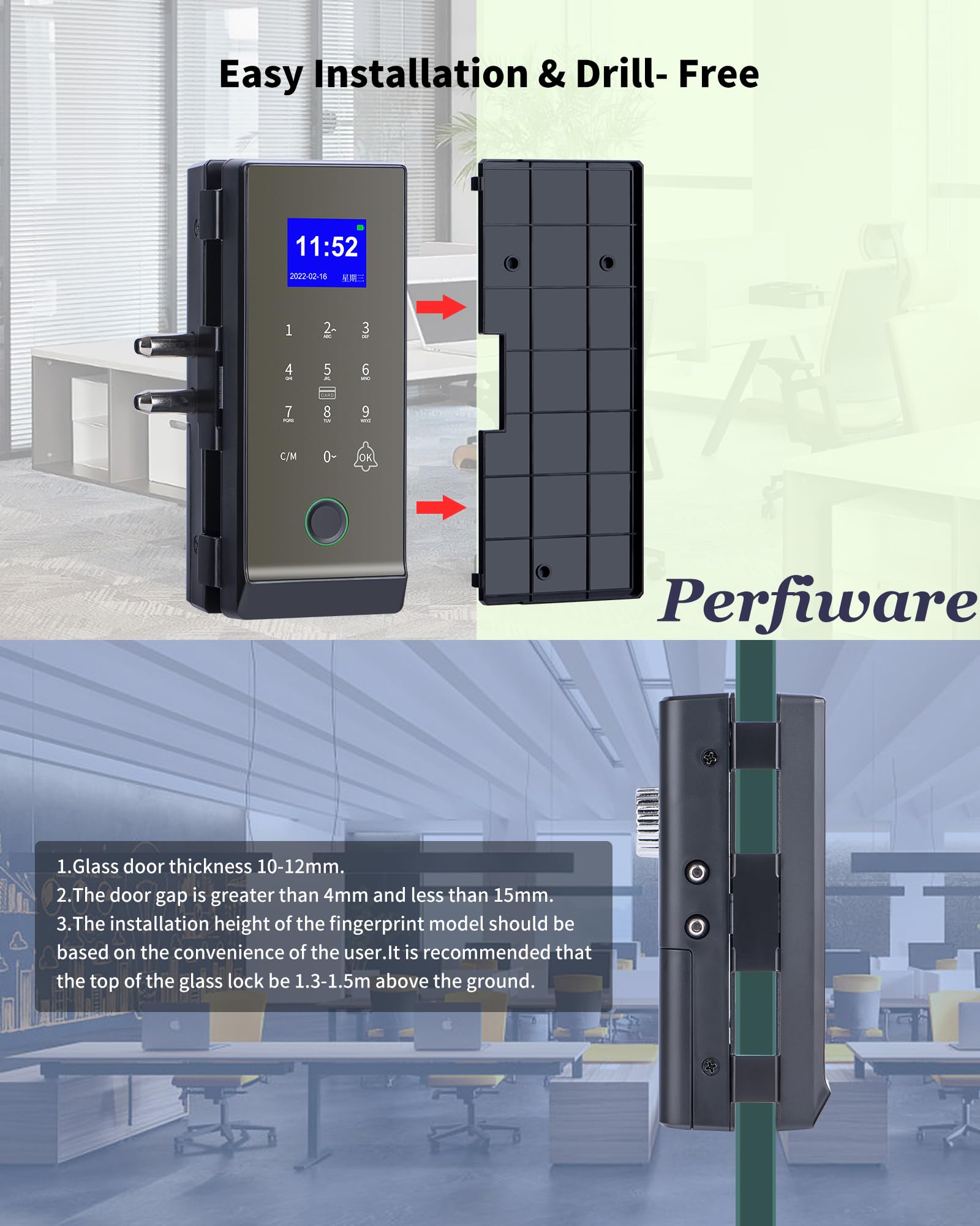 Smart Glass Door Lock,Perfiware 4in1 Biometric Fingerprint Glass Door Locks LG2315,2024 Drill-Free Keyless Entry Upgraded Door Locks,Great for Office,Home,Hotel,Apartment