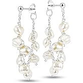 Elegant Cluster of Radiant White Cultured Freshwater Pearls .925 Sterling Silver Dangle Earrings