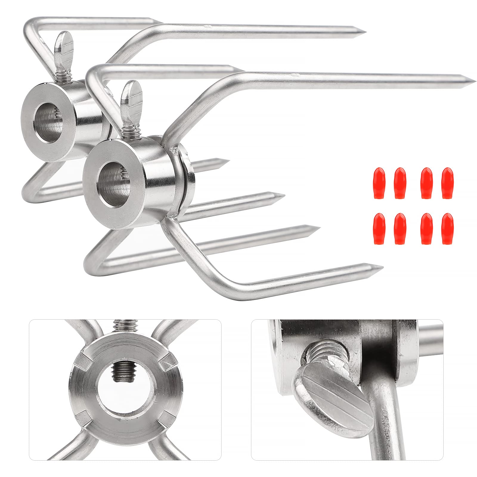 CPROSP 2 Meat Clips for Rotisserie Skewers, Meat Needles for Barbecue Skewers, Stainless Steel with Diameter 11.5 mm with Locking Screw with Red Protective Cover