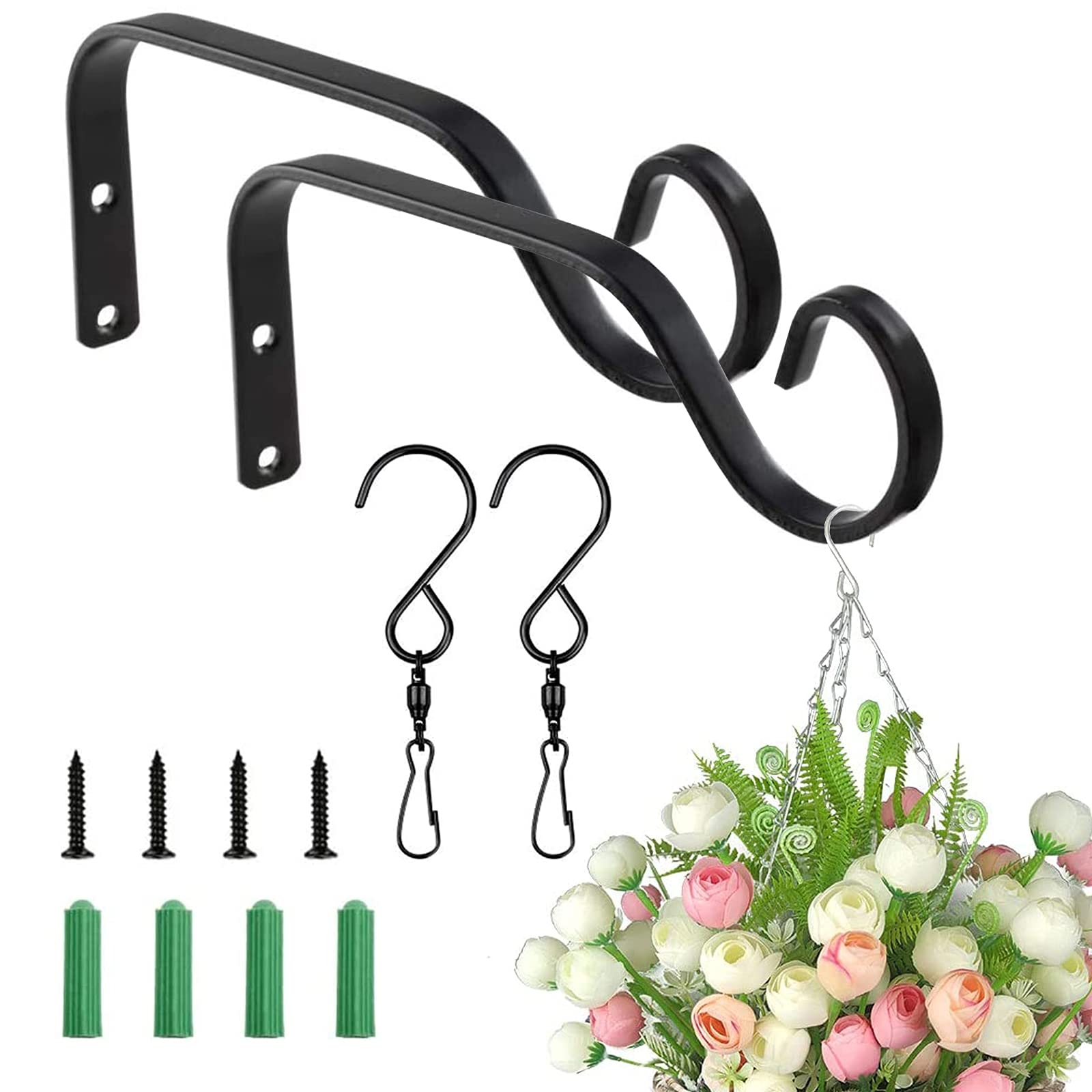 MOROBOR Hanging Plant Bracket, 2pcs 7.3 inch Black Rust-Resistant Sturdy Flower Basket Hangers Decorative Classical Iron Plant Hooks for Lanterns, Plants and Wind Chimes.