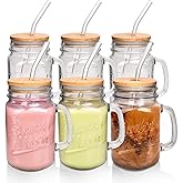 ANOTION Mason Jar Drinking Glasses - 16oz Mason Jars Glass Cups With Lids and Straws Iced Coffee Cup Mason Jar Juice Bottles Smoothie Cup Cute Mugs Glass Milk Bottle Vintage Glassware for Beverages