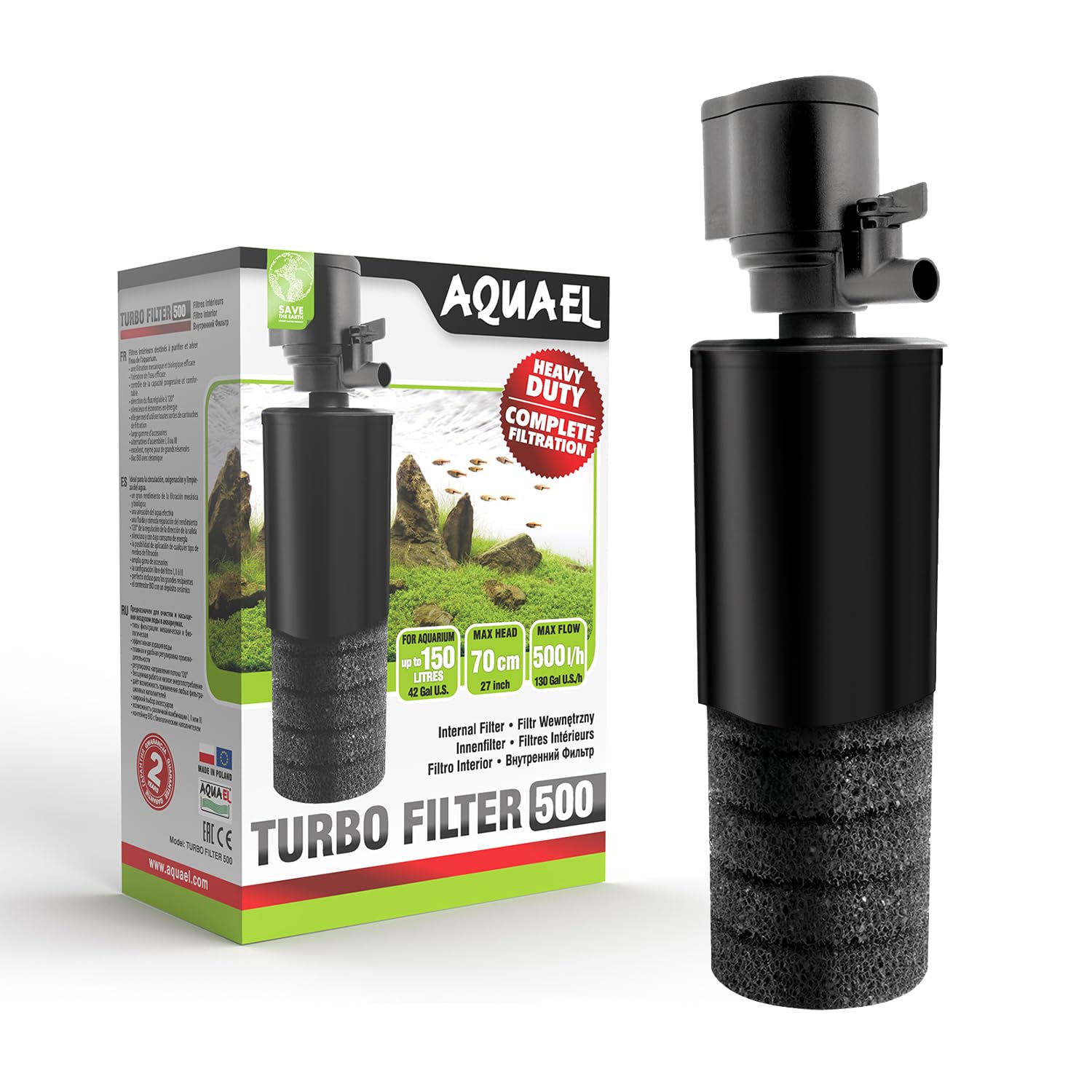 Internal Water Filter Circulation Pump Aquael Turbo Filter (500), Black, Silver
