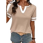 SHEWIN Women's Summer Tops V Neck Short Sleeve T-Shirts Colorblock Casual Tees 2026 Clothes