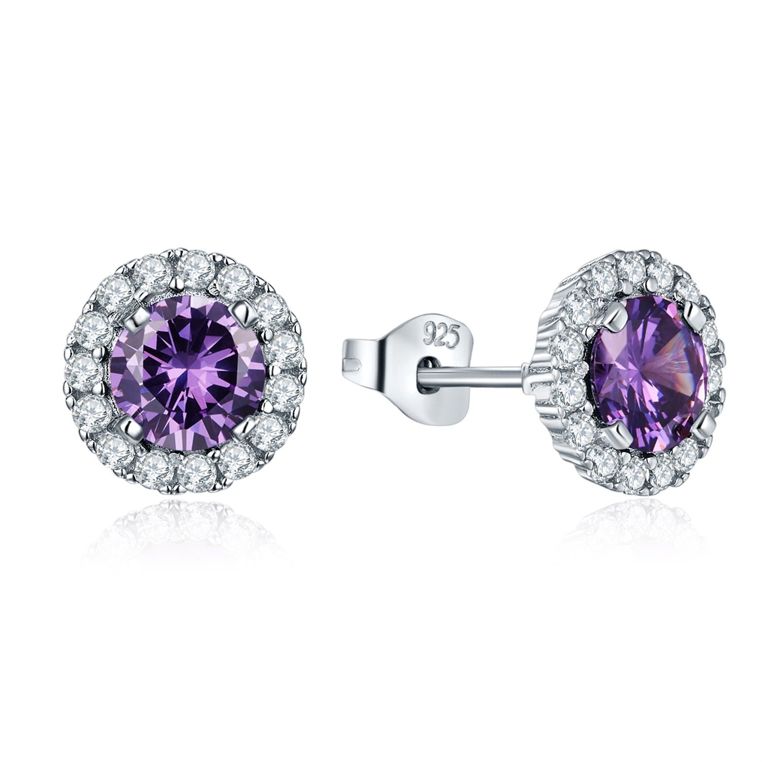 JO WISDOM Women Earrings,925 Sterling Silver 3A Zirconia February Birthstone Amethyst Color Stud Earrings with White Gold Plated,Jewellery for Women — image 1