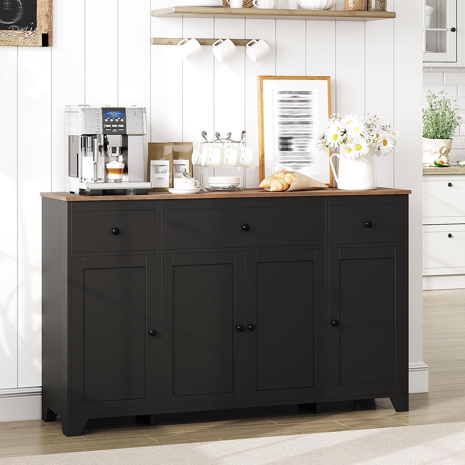 Photo 1 of 55" Sideboard Buffet Cabinet with Storage, Coffee Bar with Adjustable Shelves, 3 Drawers and 4 Minimalist Doors, Long Storage Cabinet for Kitchen, Dining Room, Living Room- Black