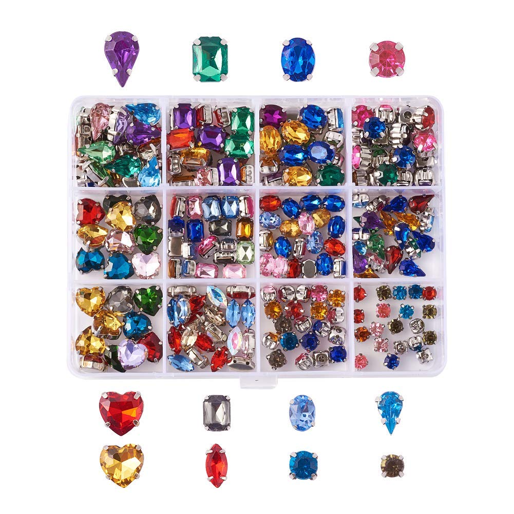 Beadthoven 11 Types, Approximately 190-240 Pieces, Grade A Rhinestone with Base Stones, Glass Stones & Acrylic Rhinestones, Assorted Set, Silver Plated, 4 Prong Beads, Bijou Parts, Accessory Parts,