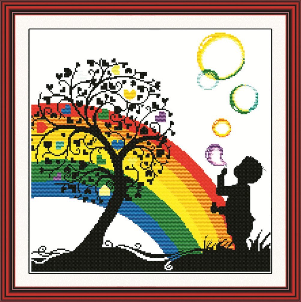YEESAM ART Unstamped Cross Stitch Kits for Adults, Rainbow Bubble Boy 14ct Counted Unprinted Embroidery Kit Needlework Wall Art Decor