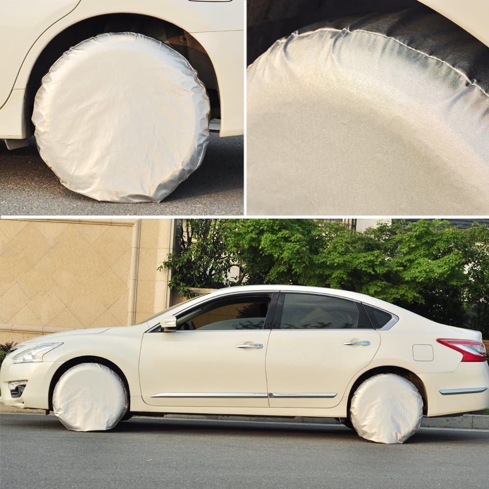 Kayme Four Layers Tire Covers Set of 4 for Rv Travel Trailer Camper Vinyl Wheel, Sun Rain Snow Protector, Waterproof, Silver, Fits 27-29 Inch Tire Diameter L: Automotive