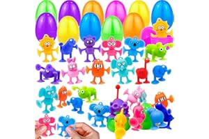 AMENON 24 Pack Easter Eggs with Animals Suction Cup Toys Easter Basket Stuffers Fidget Building Blocks Stress Release Gifts Window / Bath Toys Filled Surprise Egg Easter Party Favors Kids Easter Hunt