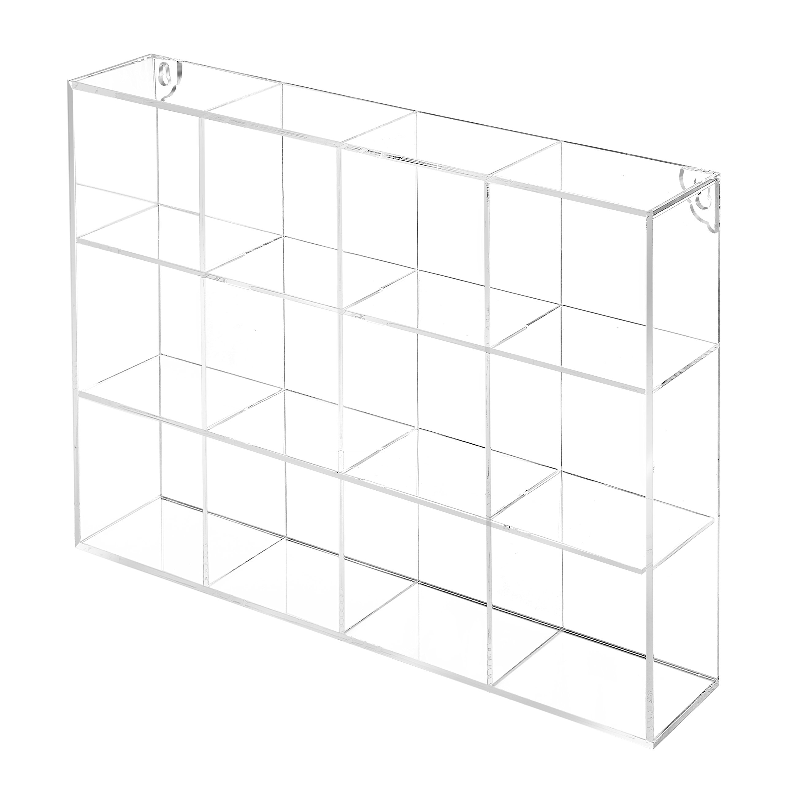 View 1 of MyGift Wall Mounted Clear Acrylic Collectible Figure Display Case with 12 Compartments for Mini Toys, Crystals and Stone Showcase Shadow Box Shelf