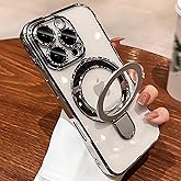 Case for iPhone 13 Pro Max 6.7", Compatible with MagSafe, Luxury Plating Shockproof Clear Phone Cover with Invisible Stand, Full Camera Lens & Screen Protector for Women Girls, Titanium Silver
