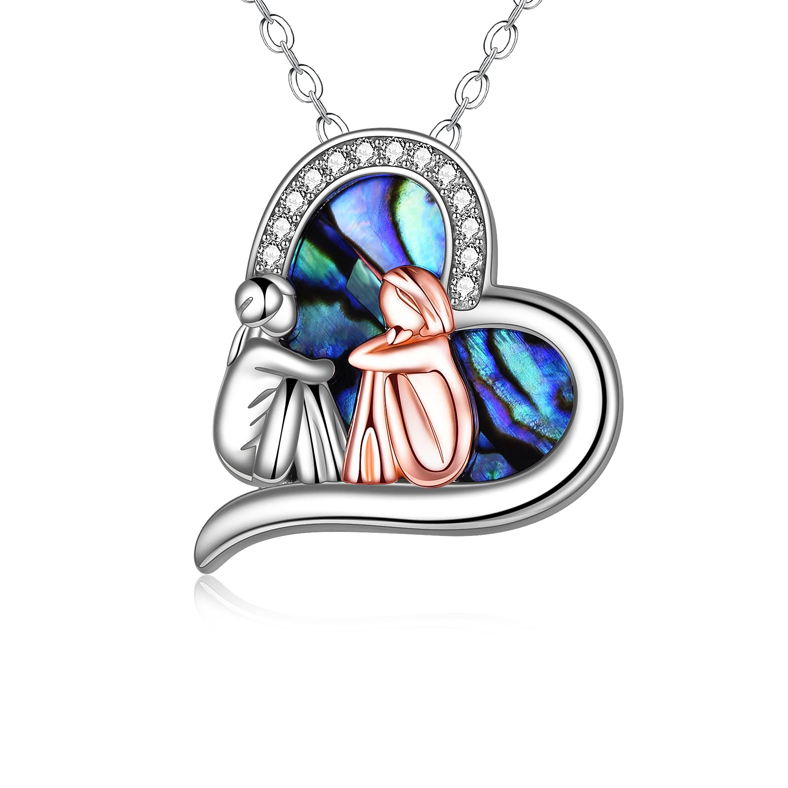 AOBOCO Sister Necklace Sterling Silver Heart Pendent with Abalone Jewellery Birthday Gifts for Her