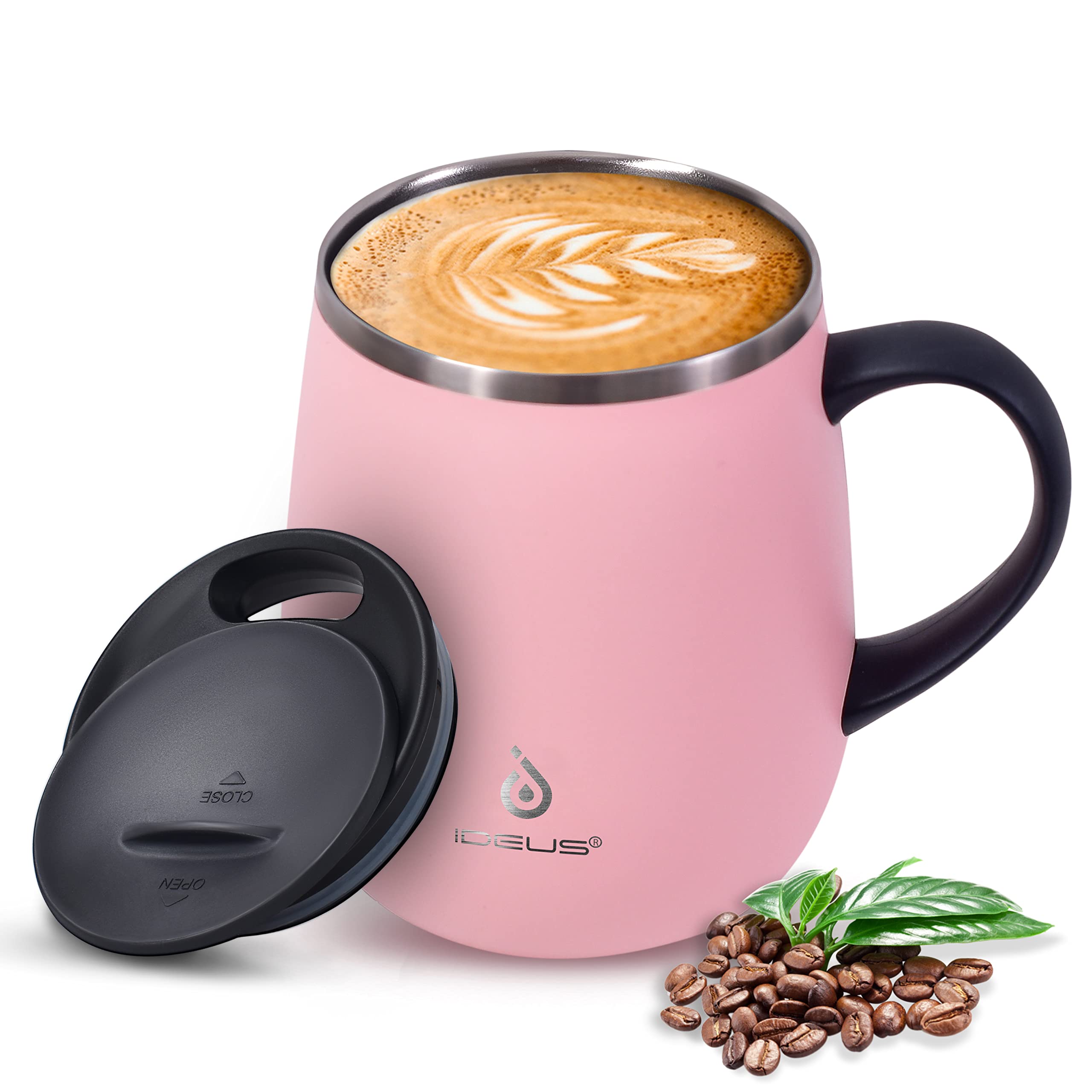 Ideus Coffee Mug 470ml (16oz), Double Wall Vacuum Insulated Stainless Steel Coffee & Tea Cup w/Non-Slip Handle & Slider Module Lid & Large Volume (Sakura)