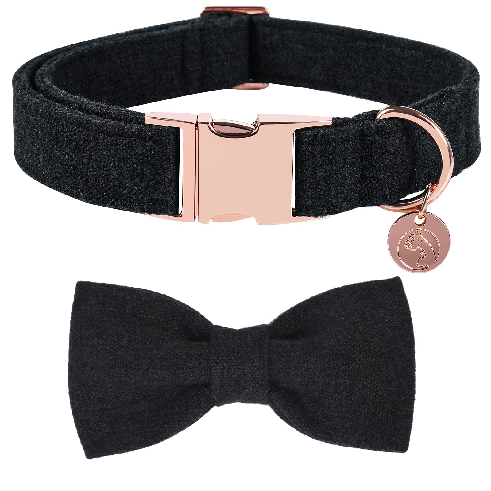 DOGWONG Cotton Dog Collar with Bow Black Pet Collar Durable Adjustable Puppy Collar