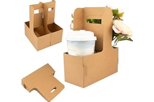 2 Cup Drink Carrier with Handle,Pack of 20 Kraft Paperboard Take Out Cup Carriers,Portable Foldable Cup Carrier for Hot or Co