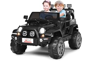 Costzon 2-Seater Ride on Truck, 12V Battery Powered Electric Vehicle Toy w/Remote Control, 3 Speed, LED Lights, MP3, Horn, Music, 2 Doors Open, Spring Suspension, Ride on Car for Kids (Black)