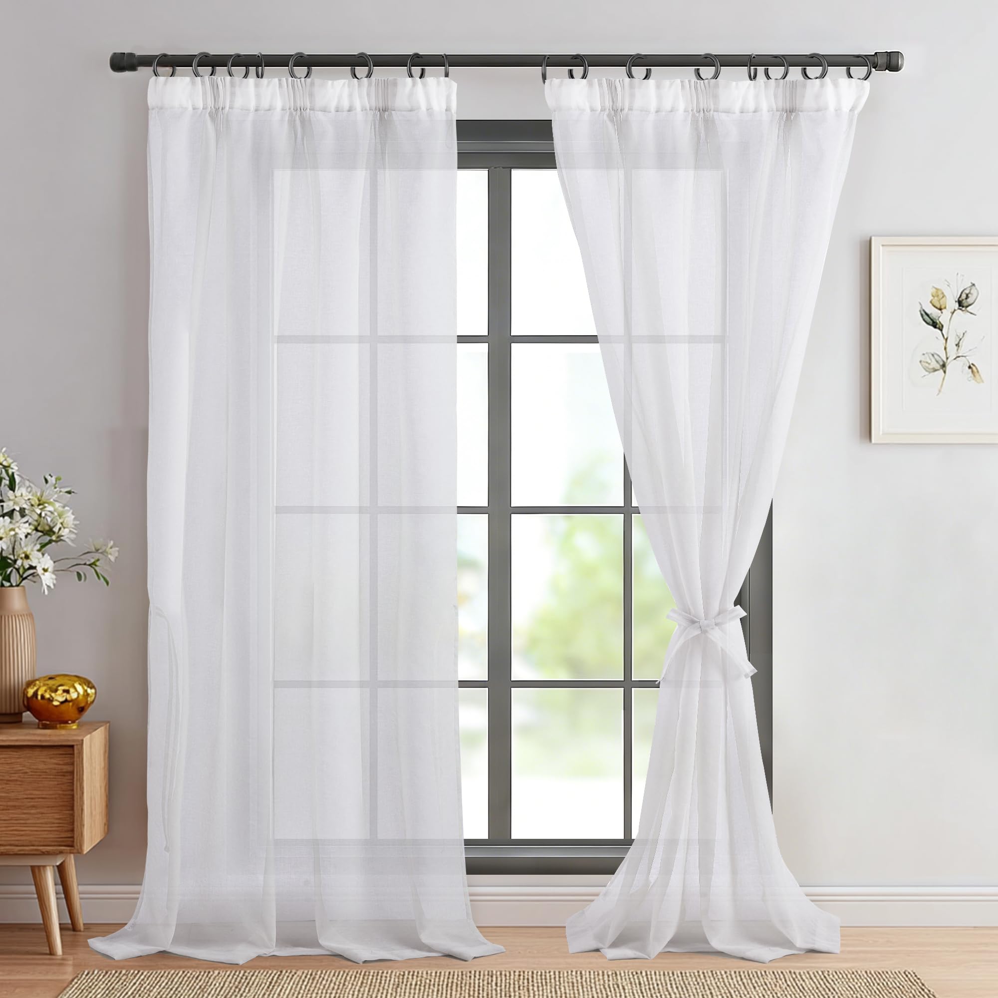 DWCN White Sheer Curtains Pencil Pleat Net Curtains for Windows 96 Inch Drop with Tiebacks Semi Transparent Rod Pocket Voile Curtains for Bedroom Living Room, 2 Panels, W55 x L96 Inch