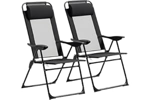 Outsunny Set of 2 Camping Chairs, Outdoor Folding Lounge Chair Set with 5 Level Adjustable Backrest, Removable Headrest, Armr