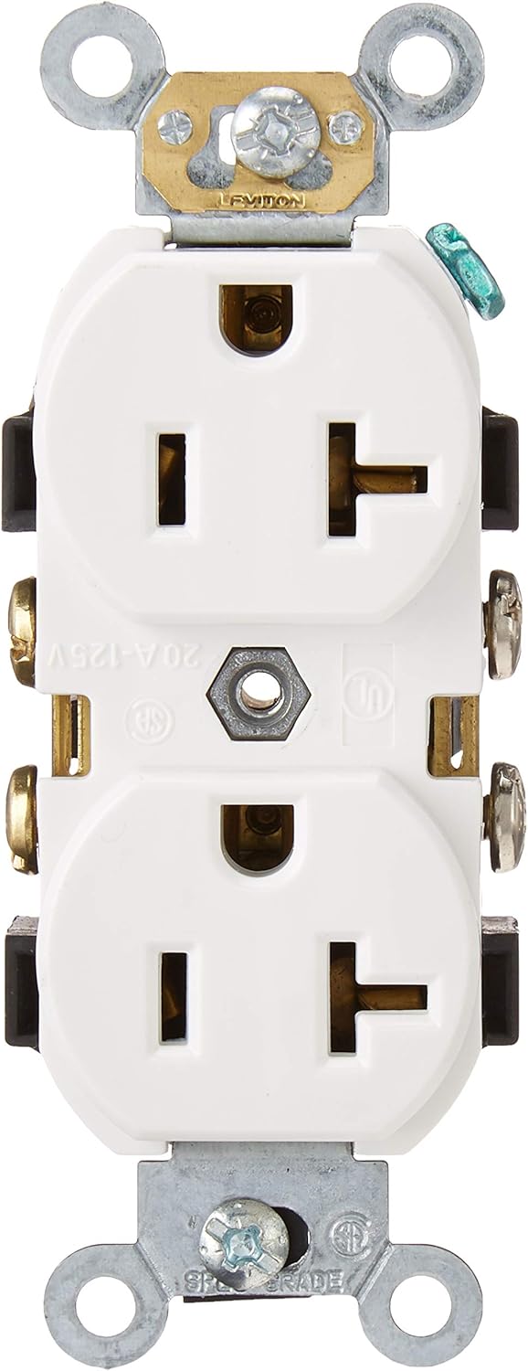 Leviton CR020-W 20-Amp, 125 Volt, Slim Body Duplex Receptacle, Straight Blade, Commercial Grade, Self Grounding, White - Electrical Outlets - 