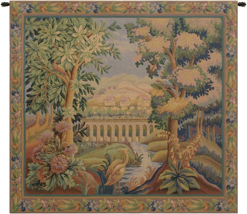 Charlotte Home Furnishing Inc. Belgian Tapestry Wall Hanging - 33 in. x 34 in. Bridge with Bird I - Landscape Tapestry